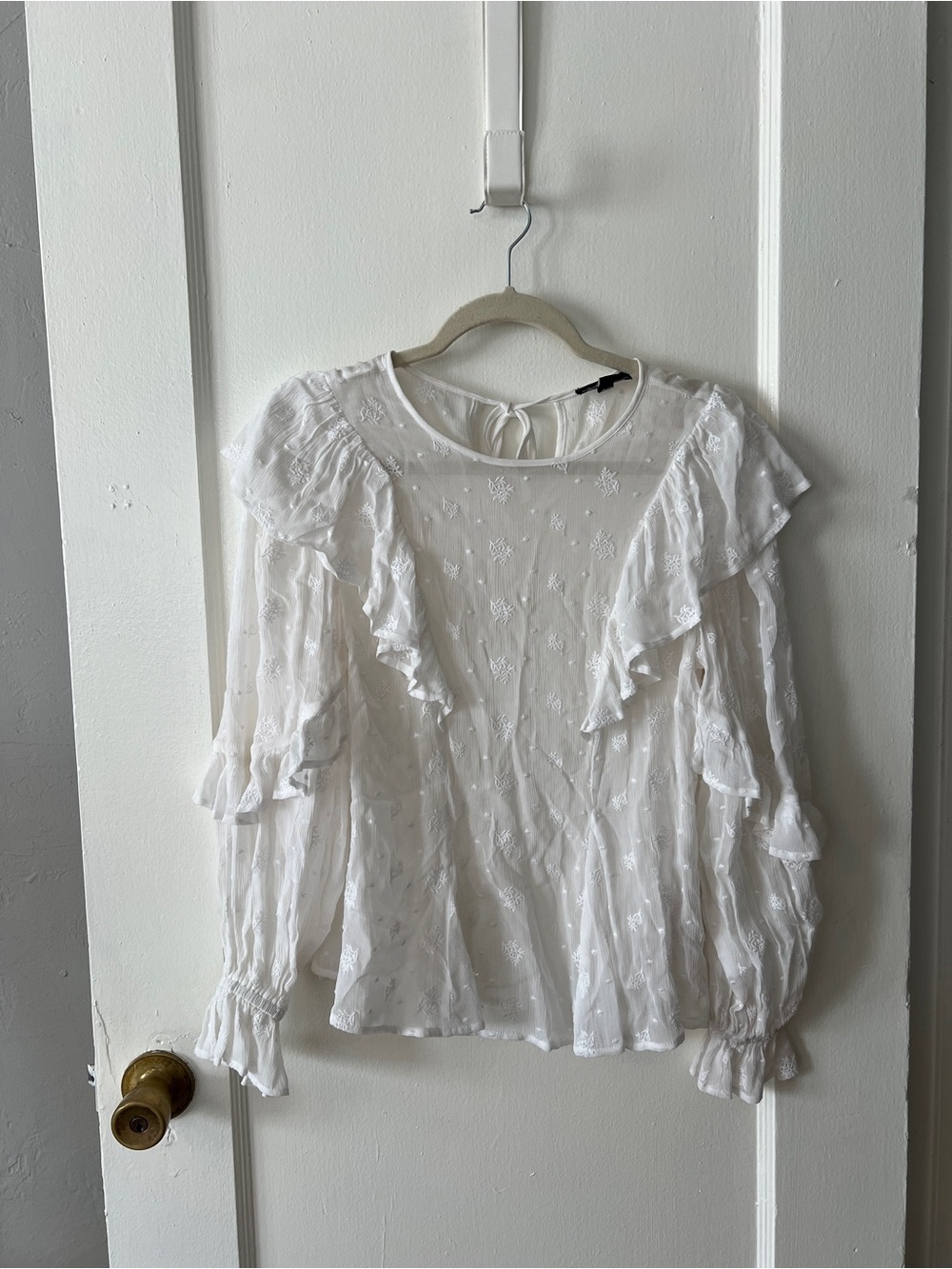 Sheer White Ruffled Embroidered Blouse - Women